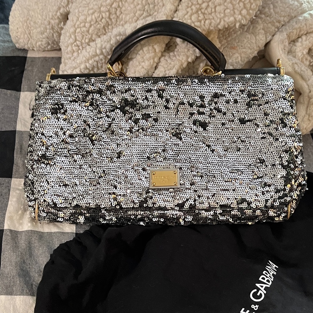 Dolce & Gabbana Black and Silver Sequin Satchel 14 in long 8 in tall
